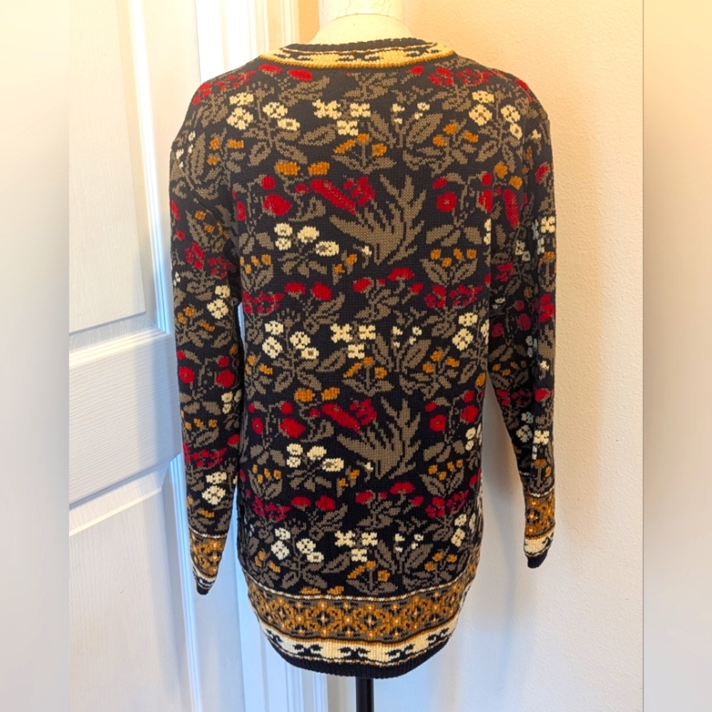 Vtg 90s Country Primitive Heavyweight Floral Tapestry Knit Sweater - Picture 4 of 6